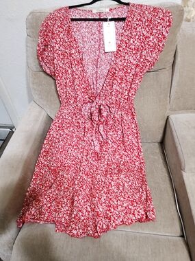 Cherish Red Floral V-Neck Tie-Waist Mini Dress